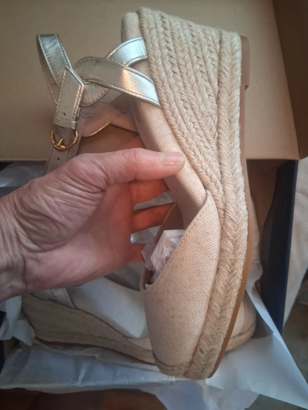 Cole Haan Beige Espadrille Wedge with Metallic Silver Ankle Strap - Picture 6 of 11
